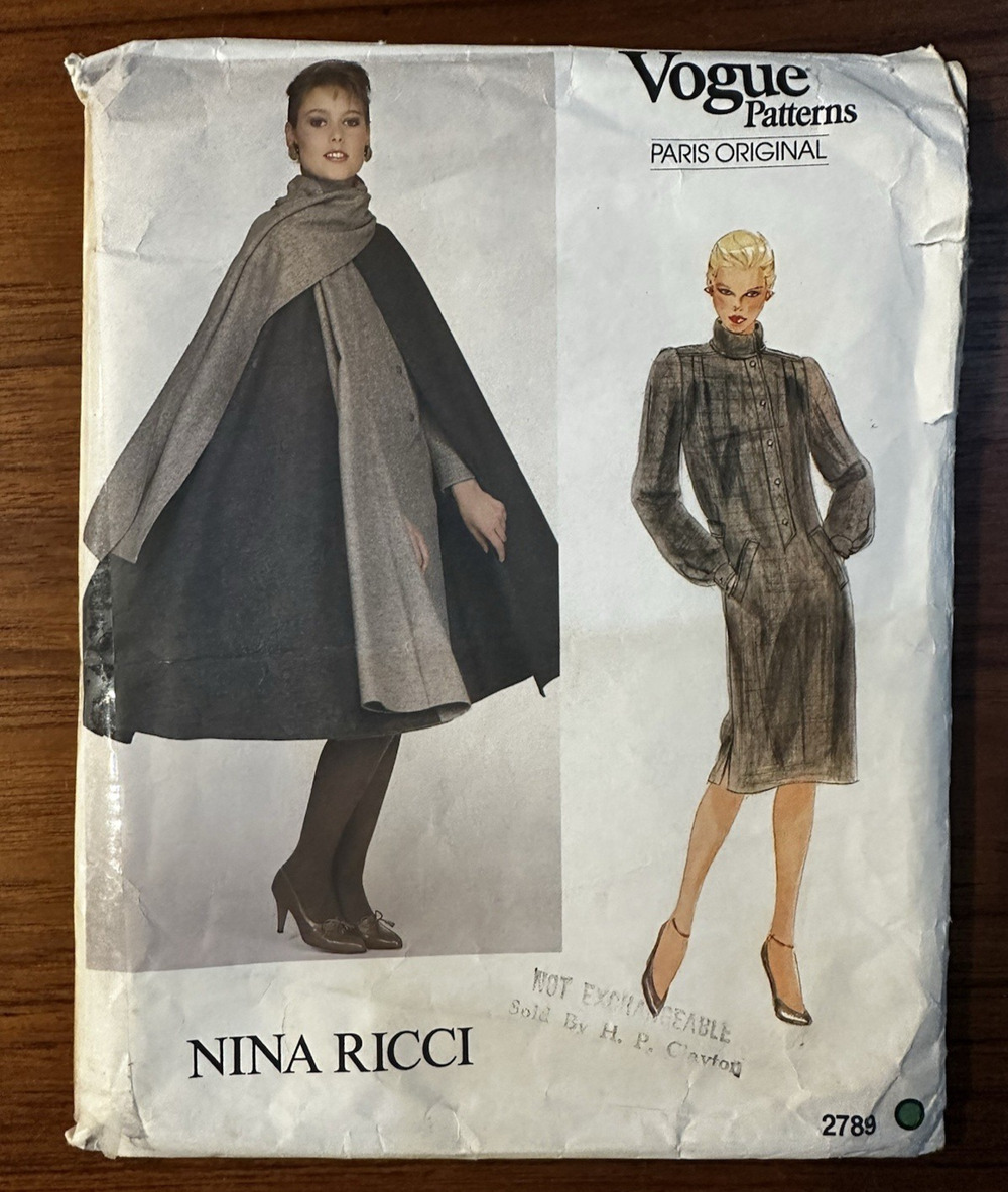 UNCUT Vogue 2789 NINA RICCI Sheath Dress w Button Placket, Flared Cape Sz 8